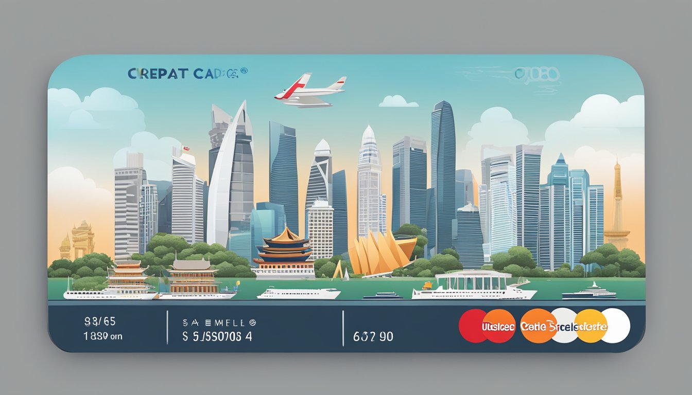 A stack of credit card reward categories, including travel, dining, and shopping, displayed on a sleek OCBC Titanium card against a backdrop of iconic Singapore landmarks
