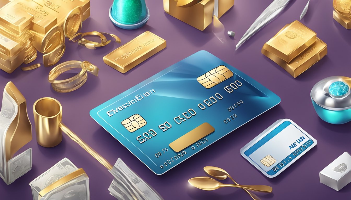 A luxurious scene with a gleaming titanium credit card surrounded by various rewards and benefits, such as travel vouchers, dining discounts, and exclusive shopping privileges