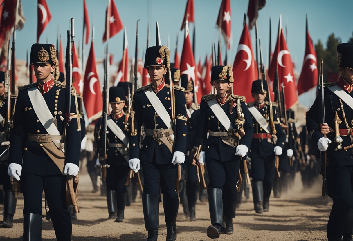 Discover The Ottoman Empire's Legacy101: Shaping Modern Türkiye's Cultural and Political Landscape - Soldiers marching in formation, cannons firing, and Ottoman flags flying high over conquered territories in modern Turkey