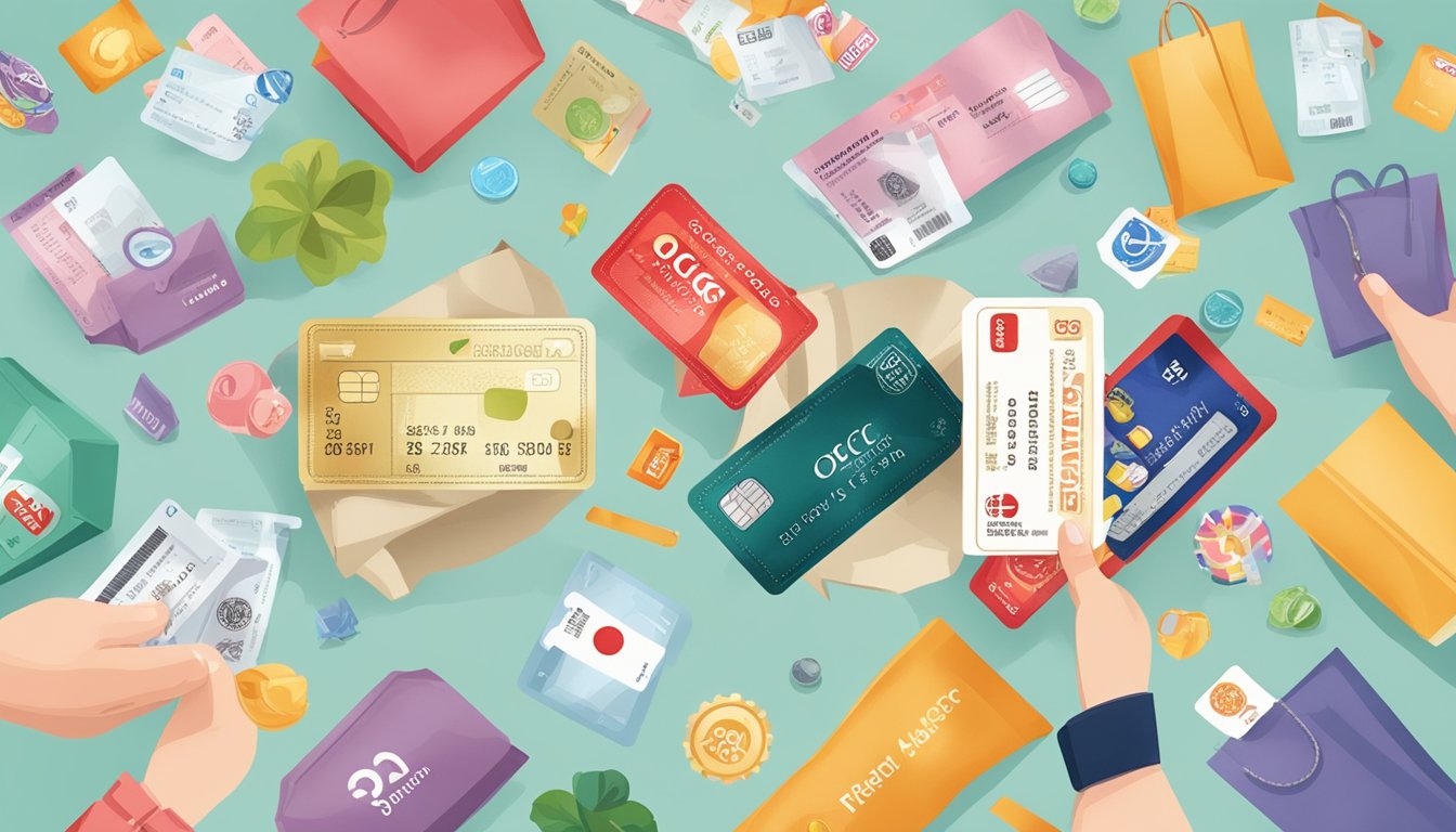 A hand holding an OCBC Titanium Rewards Card, with various reward items floating around it, such as shopping bags, travel tickets, and dining vouchers