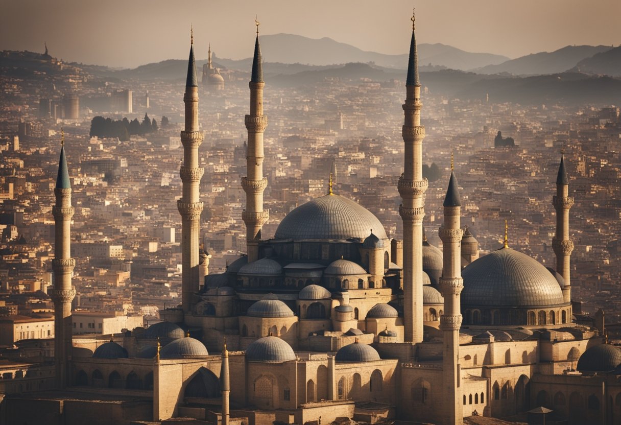 Discover The Ottoman Empire's Legacy101: Shaping Modern Türkiye's Cultural and Political Landscape - A bustling modern city with ancient Ottoman architecture, blending old and new influences. Busy streets filled with people, while grand mosques and palaces stand as reminders of the empire's legacy