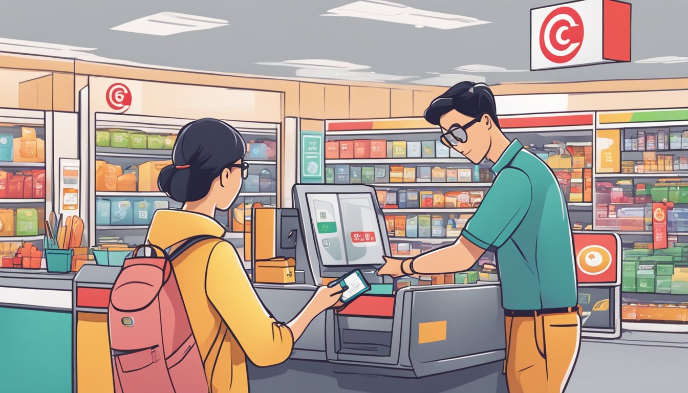 A person swiping an OCBC Titanium card at a checkout counter, surrounded by various shopping items and receiving rewards miles