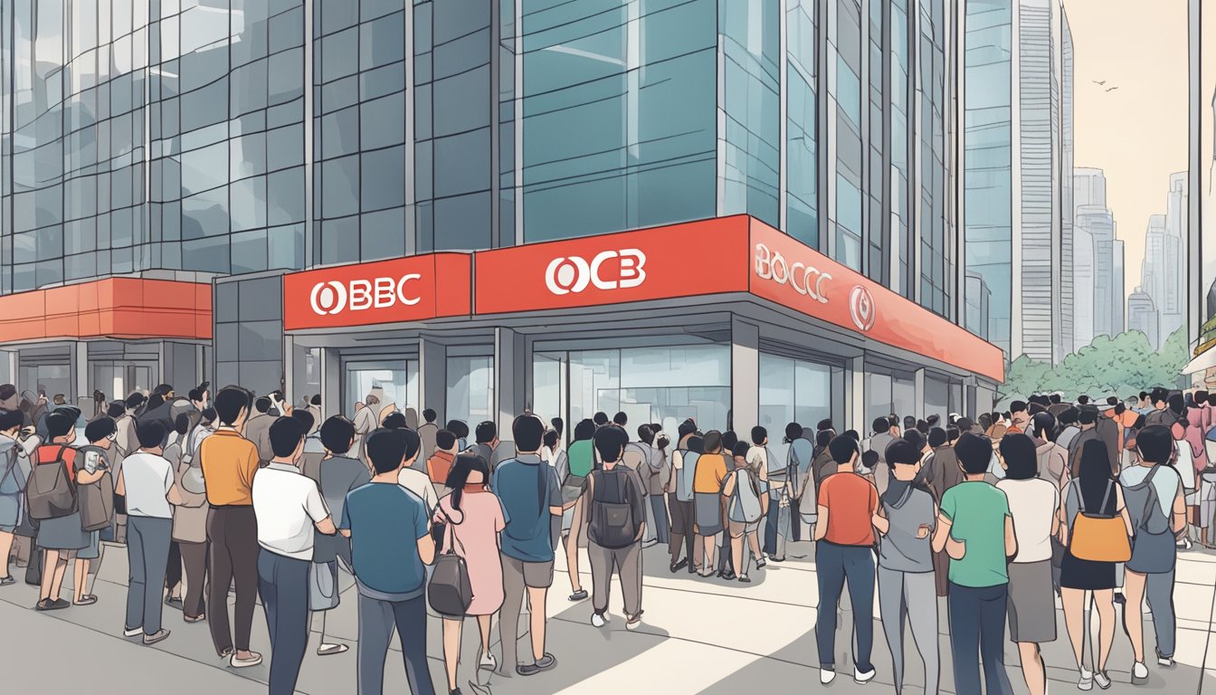 A bustling cityscape with the iconic OCBC building in the background, and a queue of people holding reward cards outside the Titanium Rewards branch