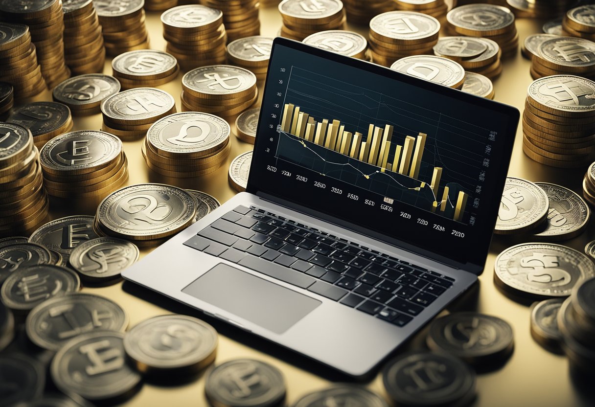 A laptop surrounded by money symbols and a graph showing increasing earnings. Multiple income streams flowing into a bank account