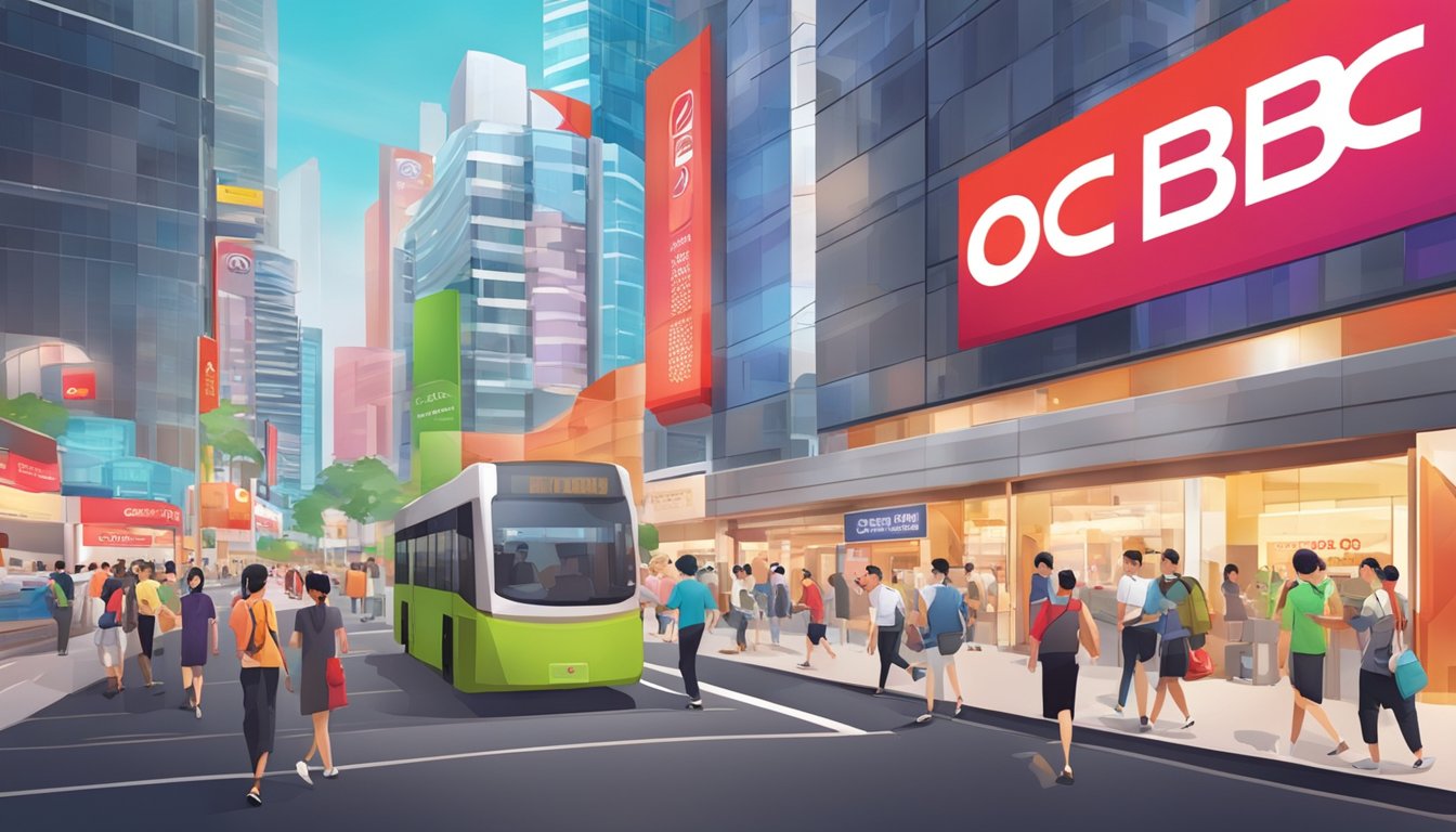 A bustling Singapore street with the iconic OCBC Titanium Rewards redemption center, featuring vibrant colors and a modern, sleek design