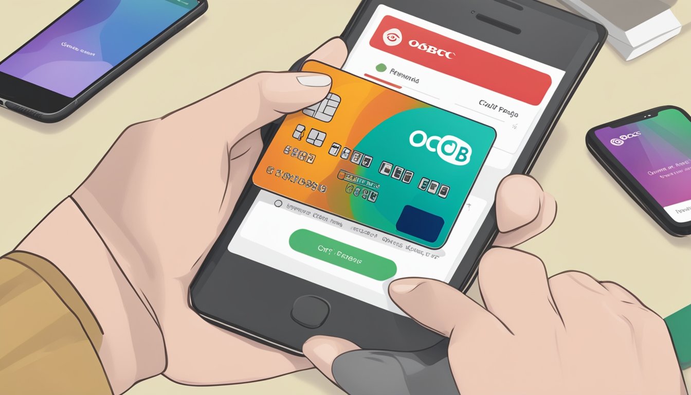 A hand holding an OCBC Titanium Card, with a smartphone displaying the OCBC rewards redemption page in the background