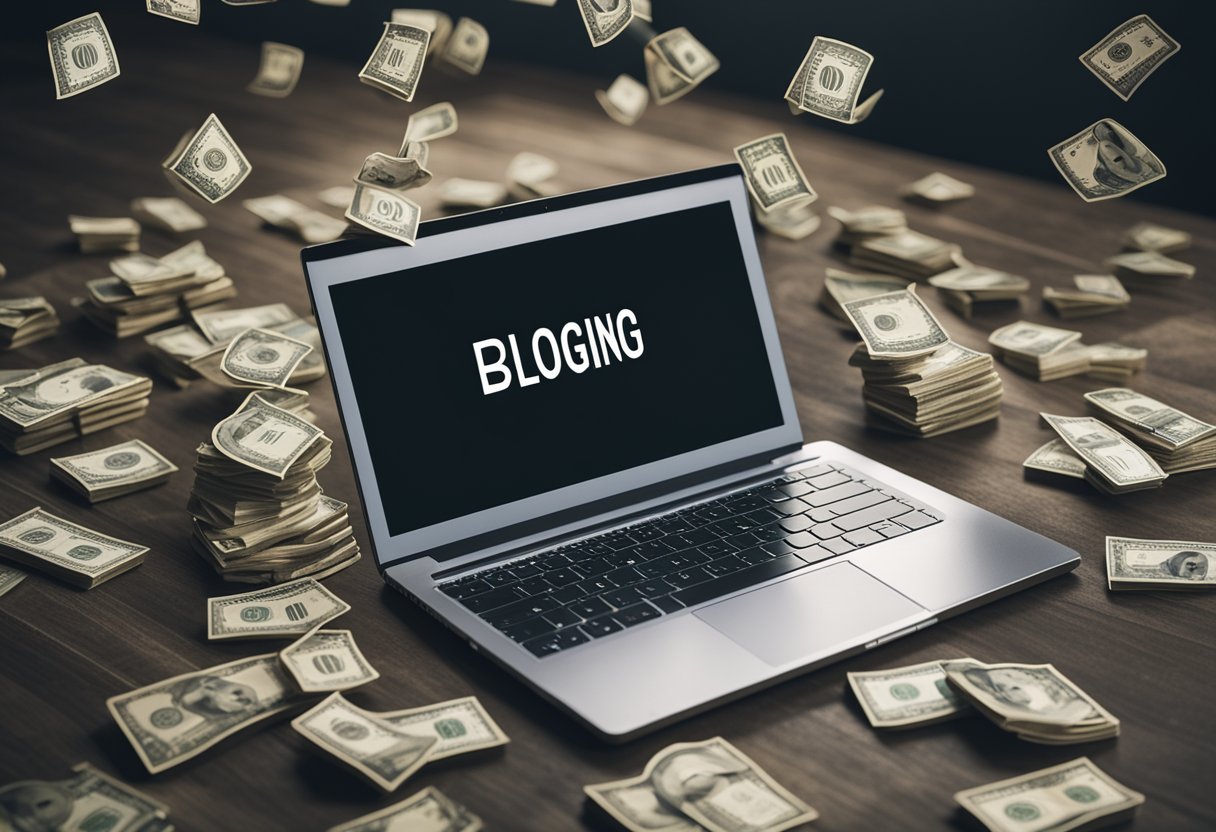 A laptop surrounded by money symbols and a list of frequently asked questions about blogging
