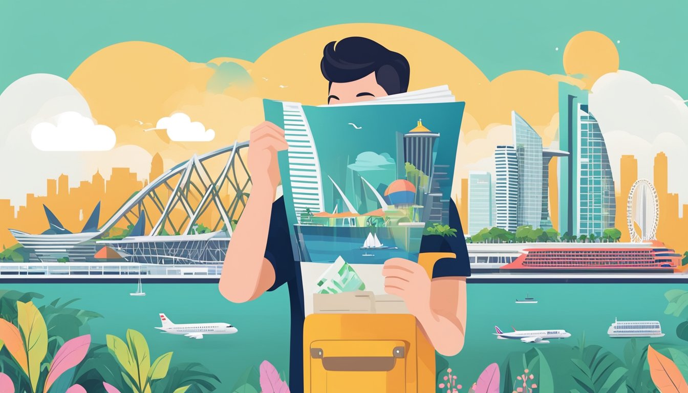 A traveler holding a passport and boarding pass, standing in front of a vibrant Singapore skyline with iconic landmarks like the Marina Bay Sands and Gardens by the Bay