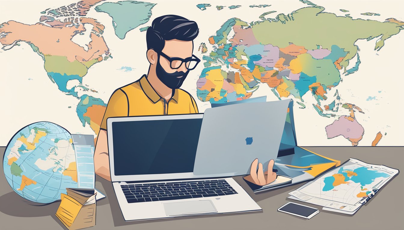 A traveler sits at a desk, browsing through travel insurance options on a laptop. A world map and travel documents are spread out in front of them