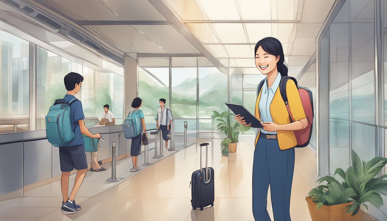 A traveler smiles as they receive medical coverage and trip protection from OCBC travel insurance in Singapore