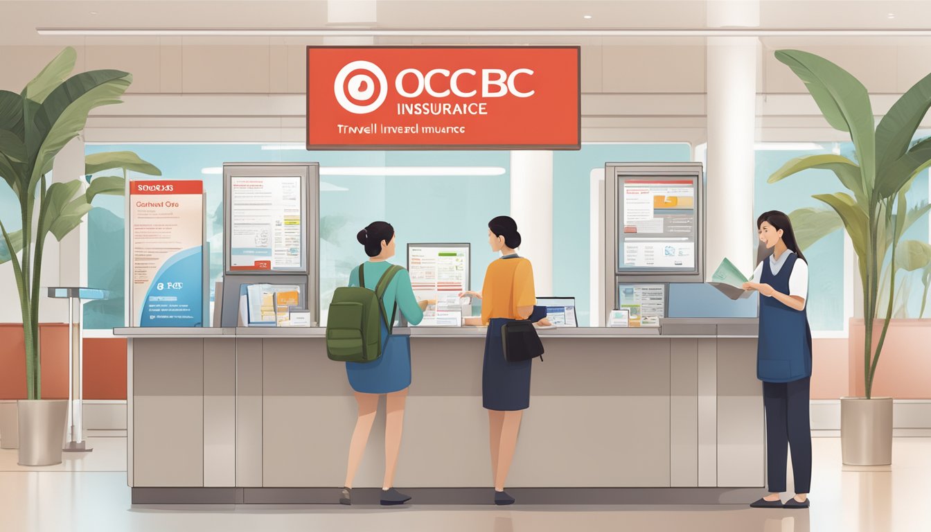 A traveler purchasing OCBC travel insurance at a bank counter, with brochures and information displayed
