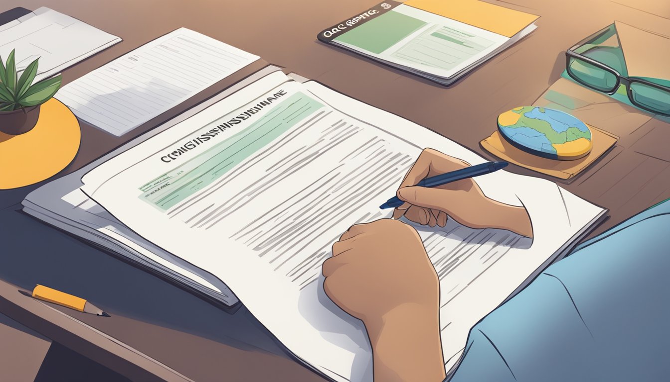 A person reading a detailed policy document for OCBC travel insurance in Singapore. The document is open on a table with a pen and notebook nearby