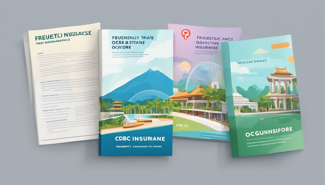 A stack of travel brochures with the title "Frequently Asked Questions OCBC Travel Insurance Singapore" prominently displayed on top
