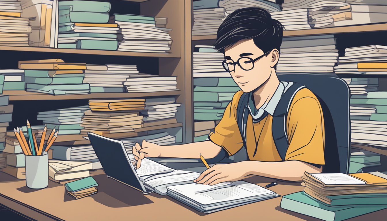 A student sitting at a desk, surrounded by textbooks and notes, filling out paperwork for an OCBC tuition fee loan in Singapore