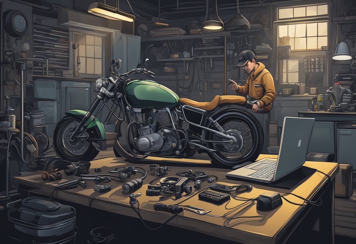 A mechanic troubleshoots a motorcycle's throttle control with diagnostic tools and a laptop in a dimly lit garage