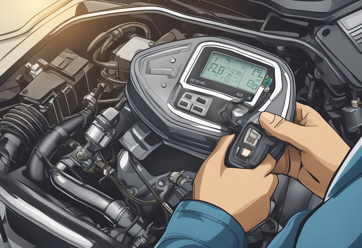 A mechanic adjusting throttle on a motorcycle with error code P2101 displayed on the diagnostic tool
