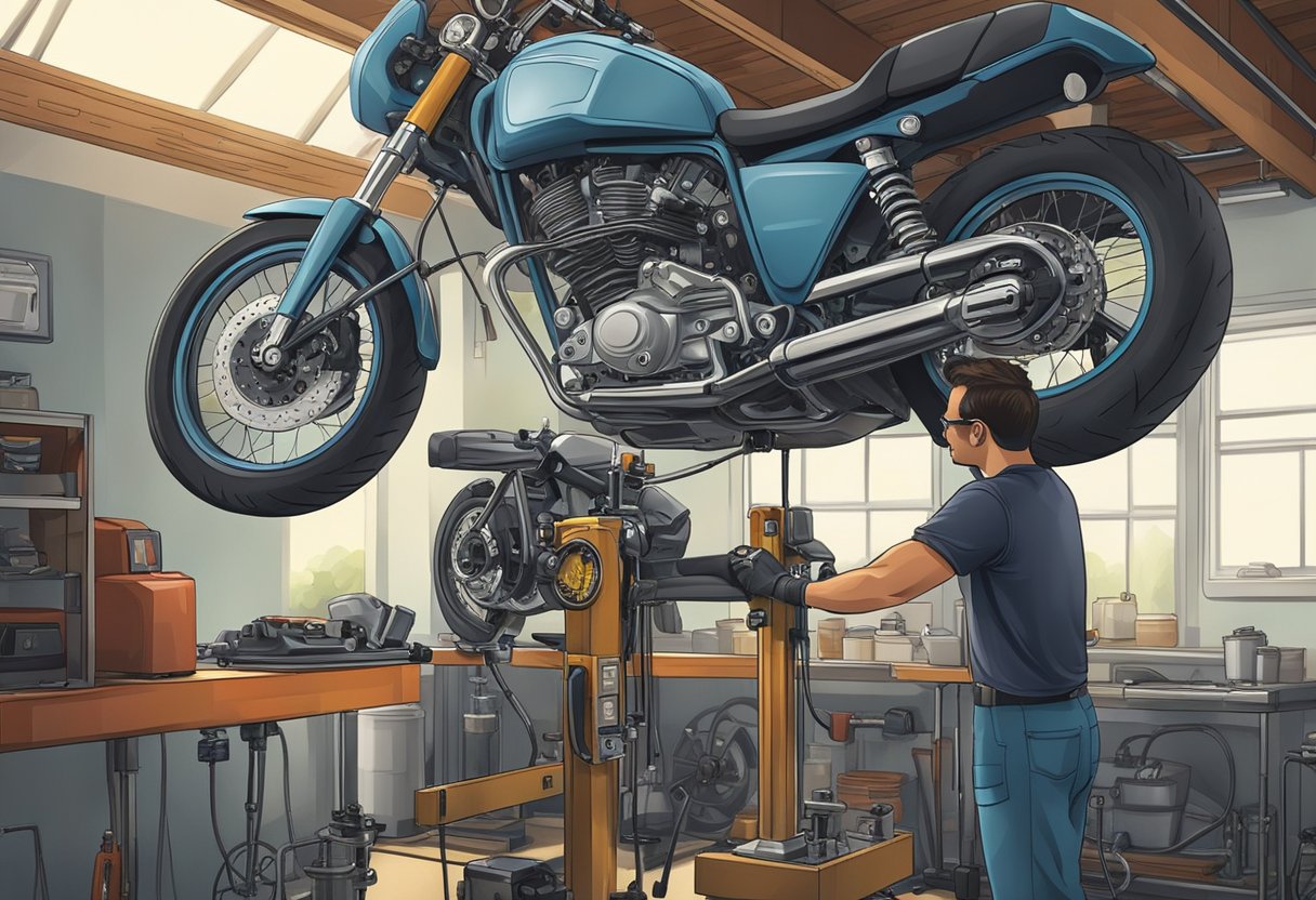 A mechanic using diagnostic tools to troubleshoot a motorcycle's throttle actuator, with the bike elevated on a lift in a well-lit garage