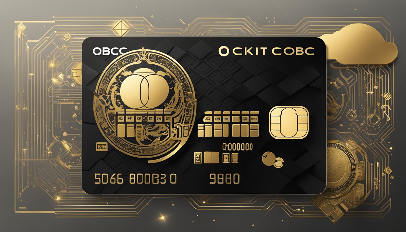 A luxurious black credit card with gold accents and the OCBC logo, surrounded by icons representing exclusive benefits and features
