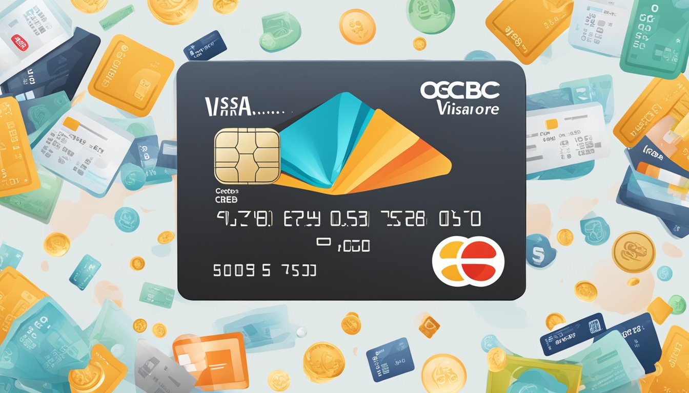 A credit card with "OCBC Visa Infinite Singapore" logo surrounded by various fees and charges icons and text