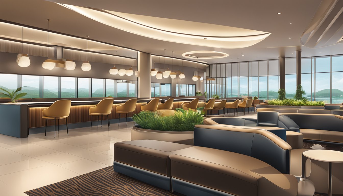 A sleek, modern lounge at Changi Airport, featuring the distinctive OCBC Voyage Card branding. Comfortable seating, elegant decor, and a view of the runway