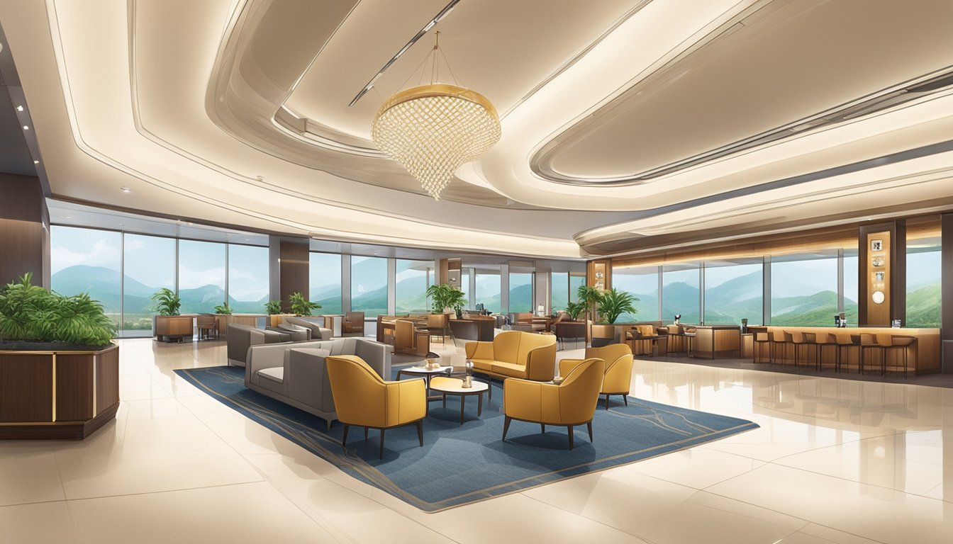 The scene is set in a luxurious airport lounge, featuring the OCBC Voyage Card prominently displayed. The lounge is spacious and modern, with comfortable seating and elegant decor. A sense of exclusivity and relaxation permeates the atmosphere