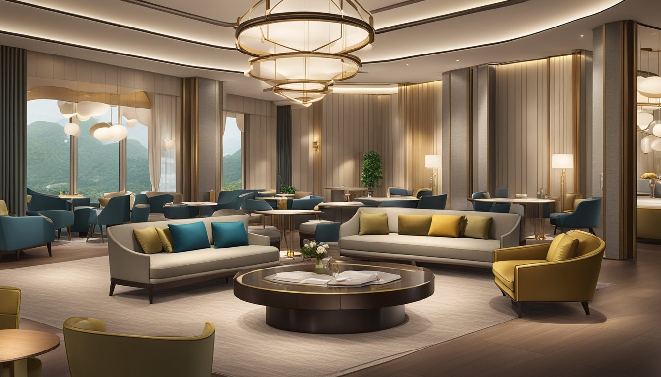 The scene depicts a luxurious lounge at the OCBC Voyage Card lounge in Singapore, with elegant furnishings, modern decor, and a serene atmosphere