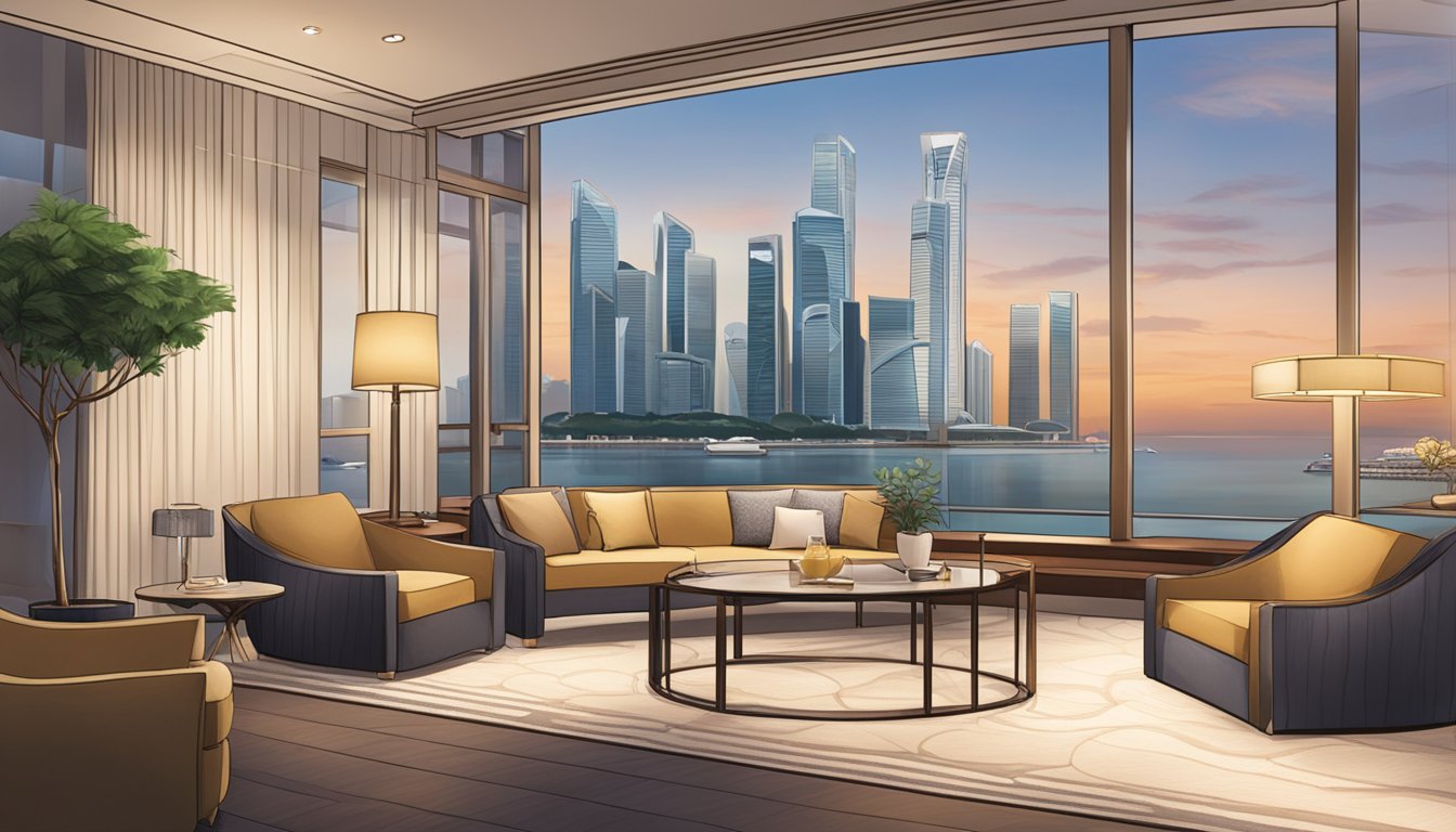 The scene shows a luxurious lounge area with comfortable seating, modern decor, and a view of Singapore. A sign prominently displays "OCBC Voyage Card Lounge Access" with the card logo
