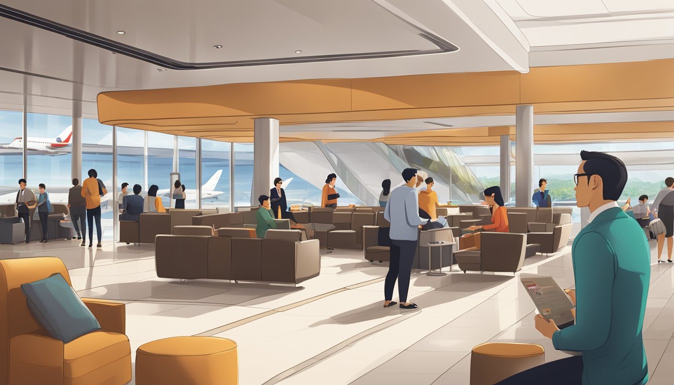 Passengers entering a modern airport lounge, presenting their OCBC Voyage cards for access. Comfortable seating and amenities are visible in the background