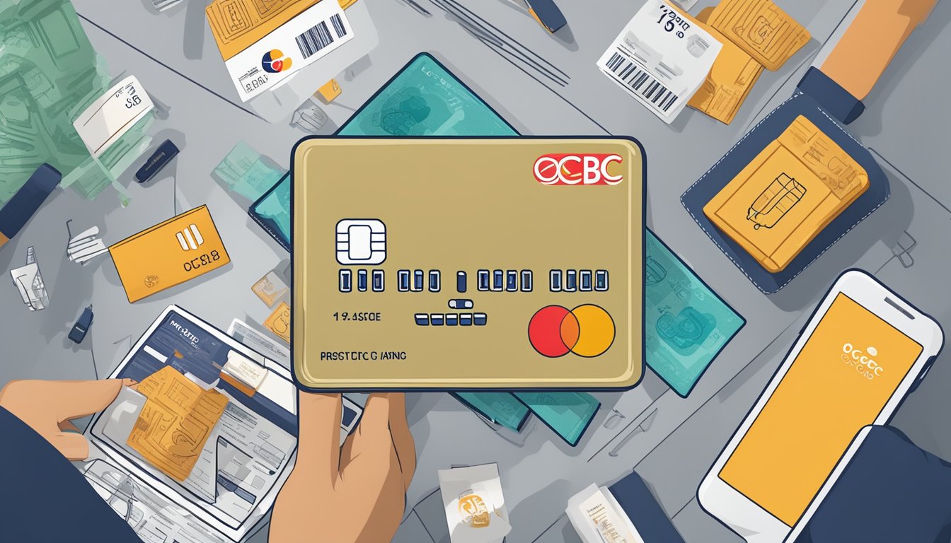 The scene shows a credit card with the OCBC Voyage logo, surrounded by various fees and charges in a clean and professional setting