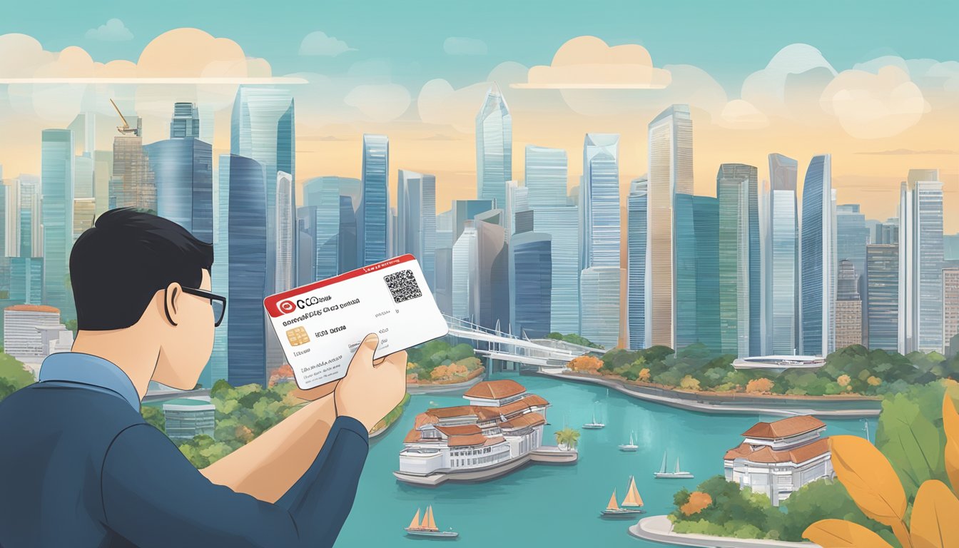 A person holding an OCBC Voyage card, reading a review online, with the Singapore skyline in the background