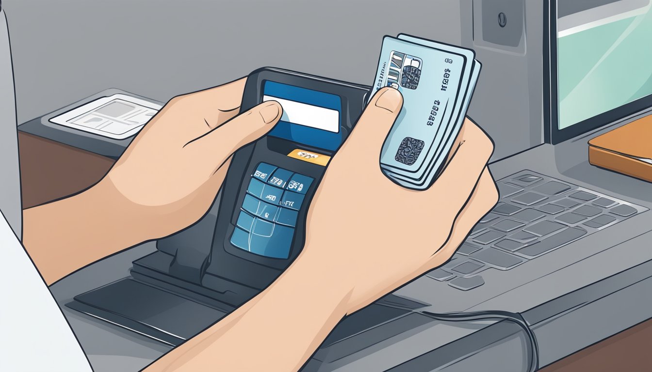 A hand swipes a credit card at a store, earning rewards. Later, the same hand uses the card to redeem rewards for a travel booking