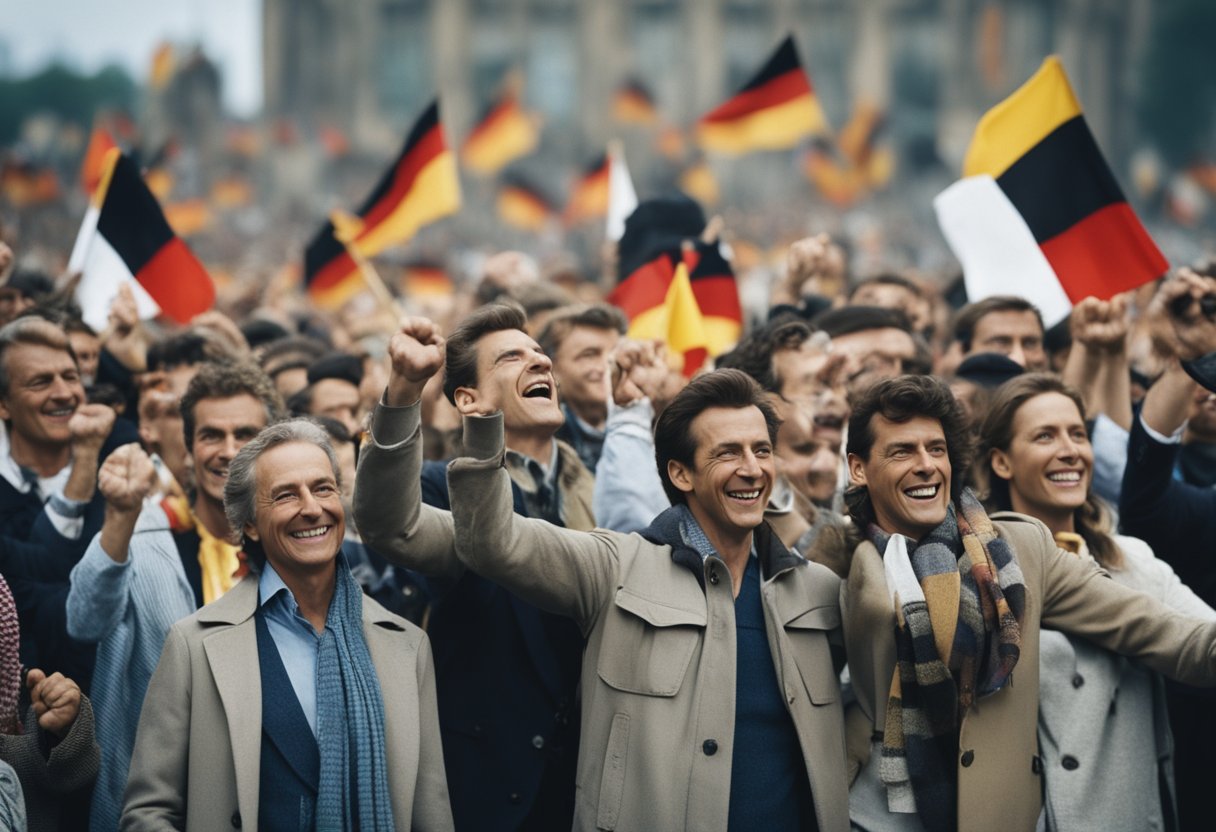 Germany reunified: Berlin Wall falls, crowds cheer, flags wave, East and West merge, unity symbolized