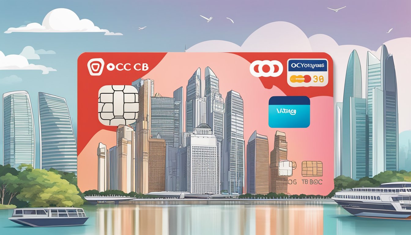 The OCBC Voyage credit card with fees and charges displayed alongside iconic Singapore landmarks