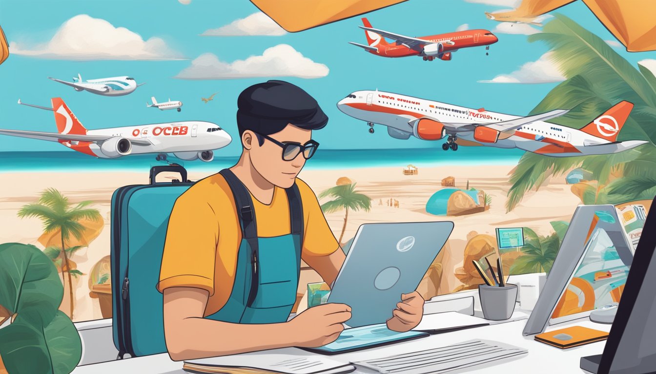 The scene shows a person filling out a credit card application form with the OCBC Voyage logo in the background. The person is surrounded by travel-related imagery such as airplanes, luggage, and exotic destinations
