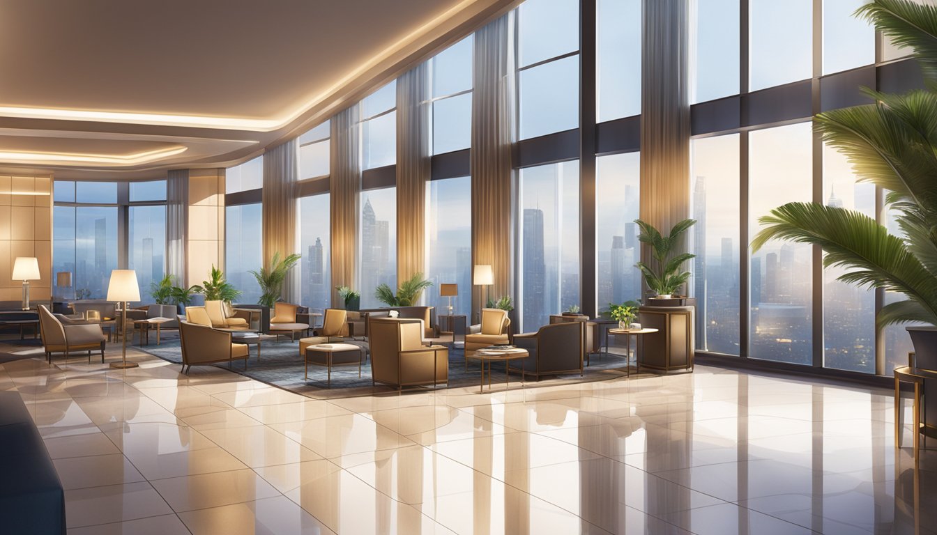 A luxurious hotel lobby with a concierge desk, elegant furnishings, and a view of the city skyline through floor-to-ceiling windows