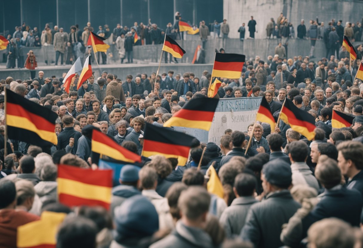 The Berlin Wall lies in ruins, with people celebrating on both sides. Flags of East and West Germany fly together, symbolizing reunification