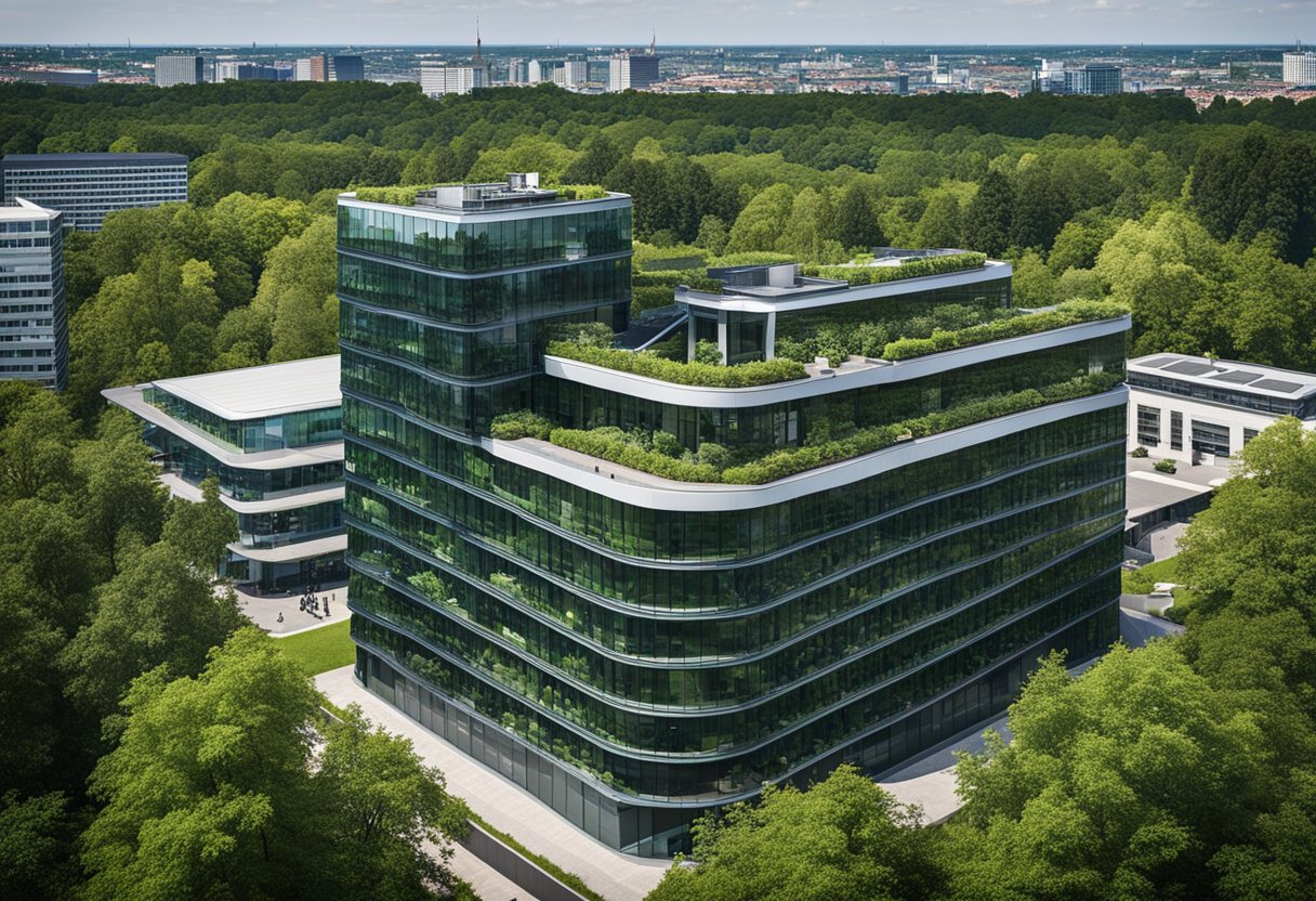 The headquarters of the German chocolate company is located in Berlin, with a modern office building surrounded by lush greenery and a bustling cityscape in the background