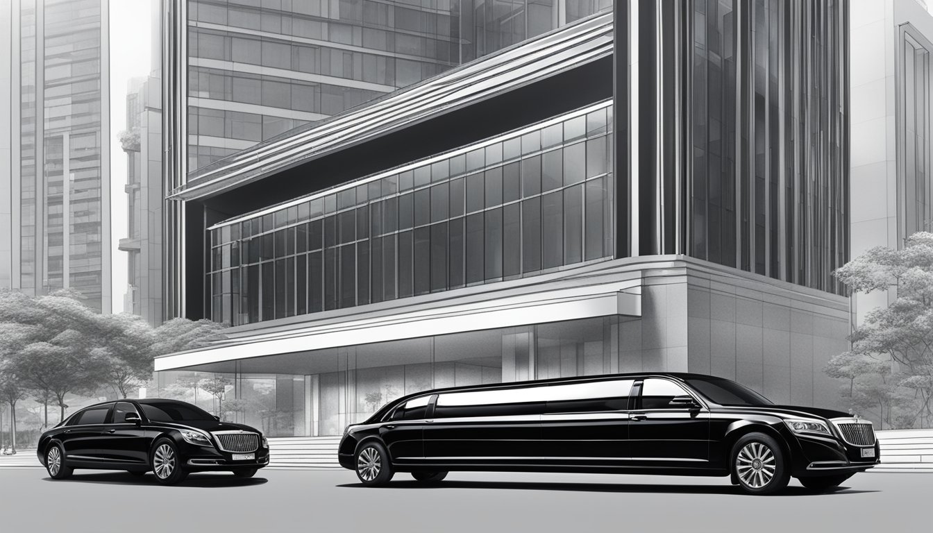 A sleek black limousine pulls up to the curb in front of a modern building in Singapore, bearing the logo of OCBC Voyage