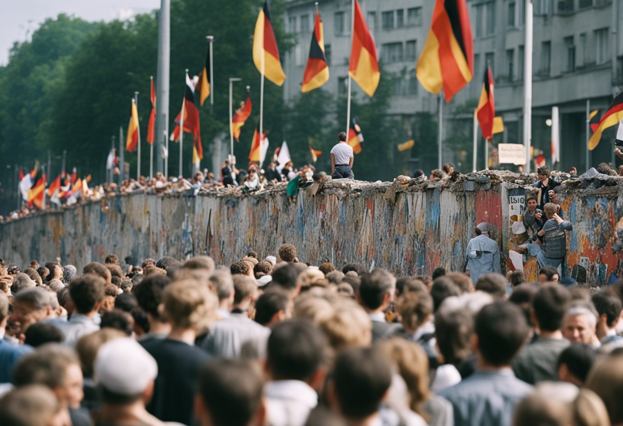 The Berlin Wall crumbles as people celebrate. Germany reunifies