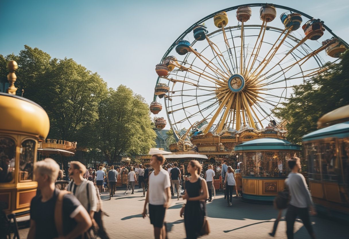 The bustling amusement park in Berlin, Germany, showcases a mix of modern and historical attractions, with vibrant colors and lively crowds