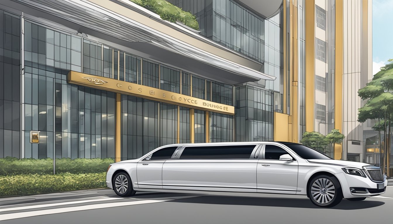 A luxurious limousine parked in front of the OCBC Voyage office in Singapore, with a sign displaying the fees and charges for booking