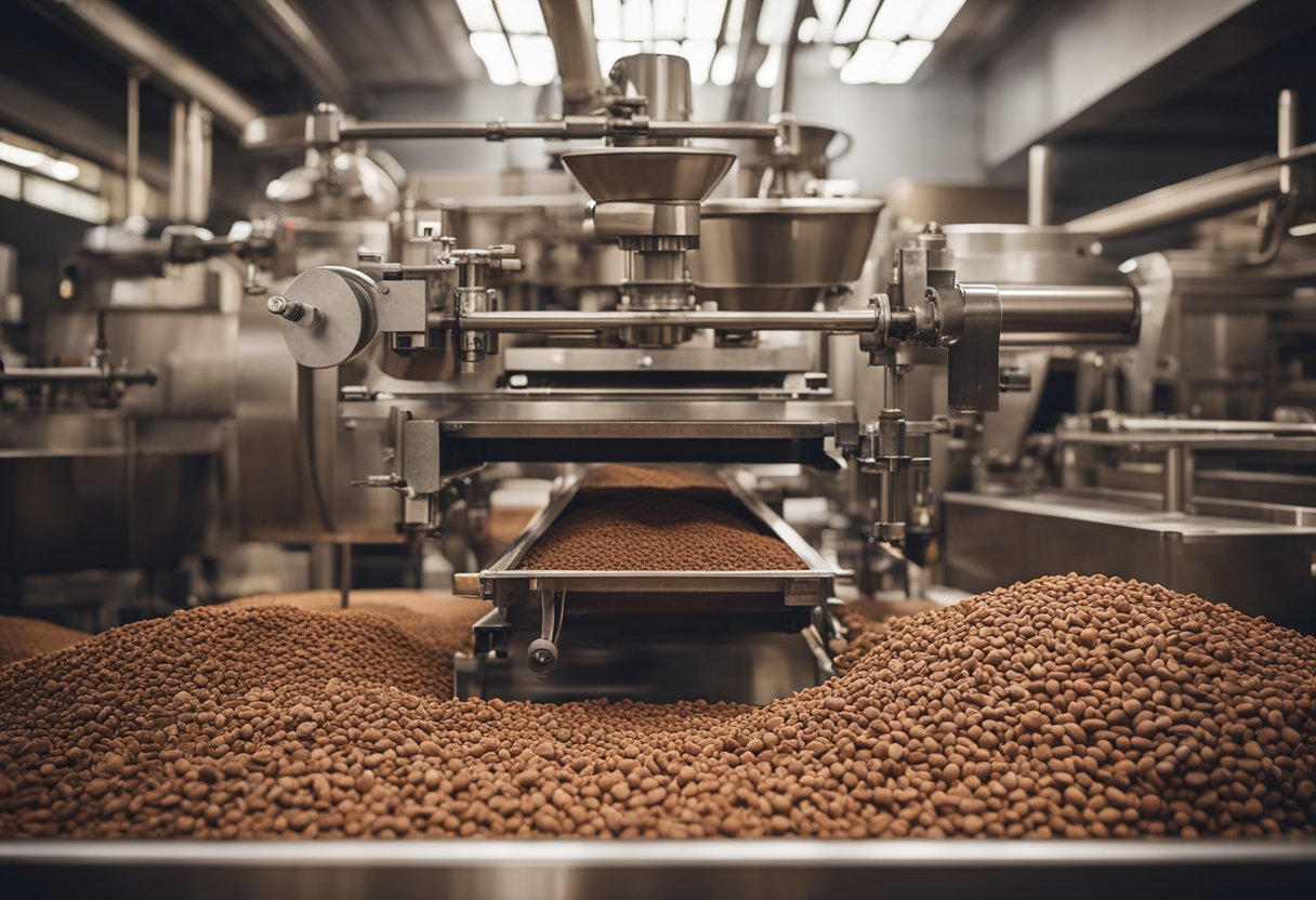 Die Schokoladenproduktion in Berlin, Deutschland, umfasst Maschinen, Kakaobohnen, Zucker und Milch. Das Logo des Unternehmens ist gut sichtbar angebracht
