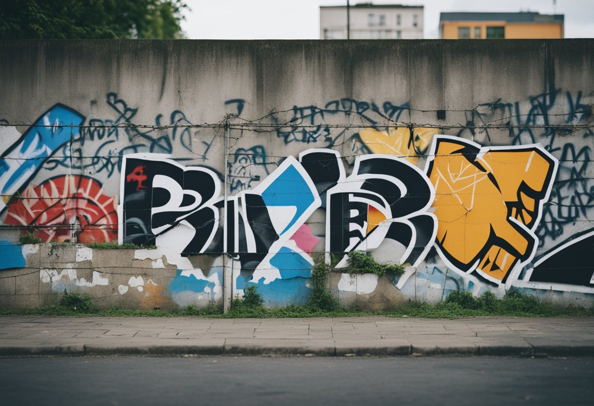 Die Berliner Mauer steht hoch und trennt die Stadt mit Beton und Stacheldraht. Graffiti markieren ihre Oberfläche, ein Symbol der Teilung und Unterdrückung