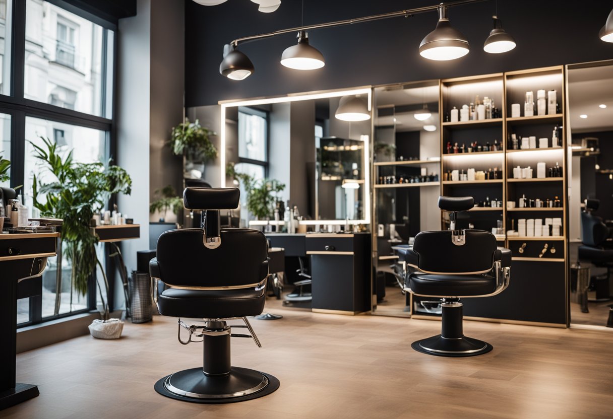 Ein belebter Friseursalon in Berlin, Deutschland, ausgestattet mit stilvollen Möbeln und modernen Haarpflegeprodukten. Die Kunden sitzen bequem, während erfahrene Stylisten ihre Arbeit verrichten