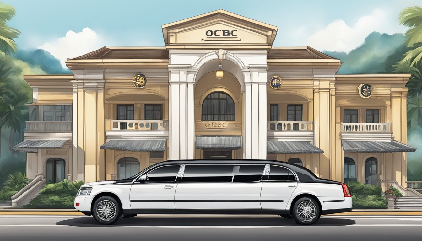 A luxurious limousine pulls up to a grand hotel entrance in Singapore, with the iconic OCBC Voyage logo prominently displayed on the vehicle