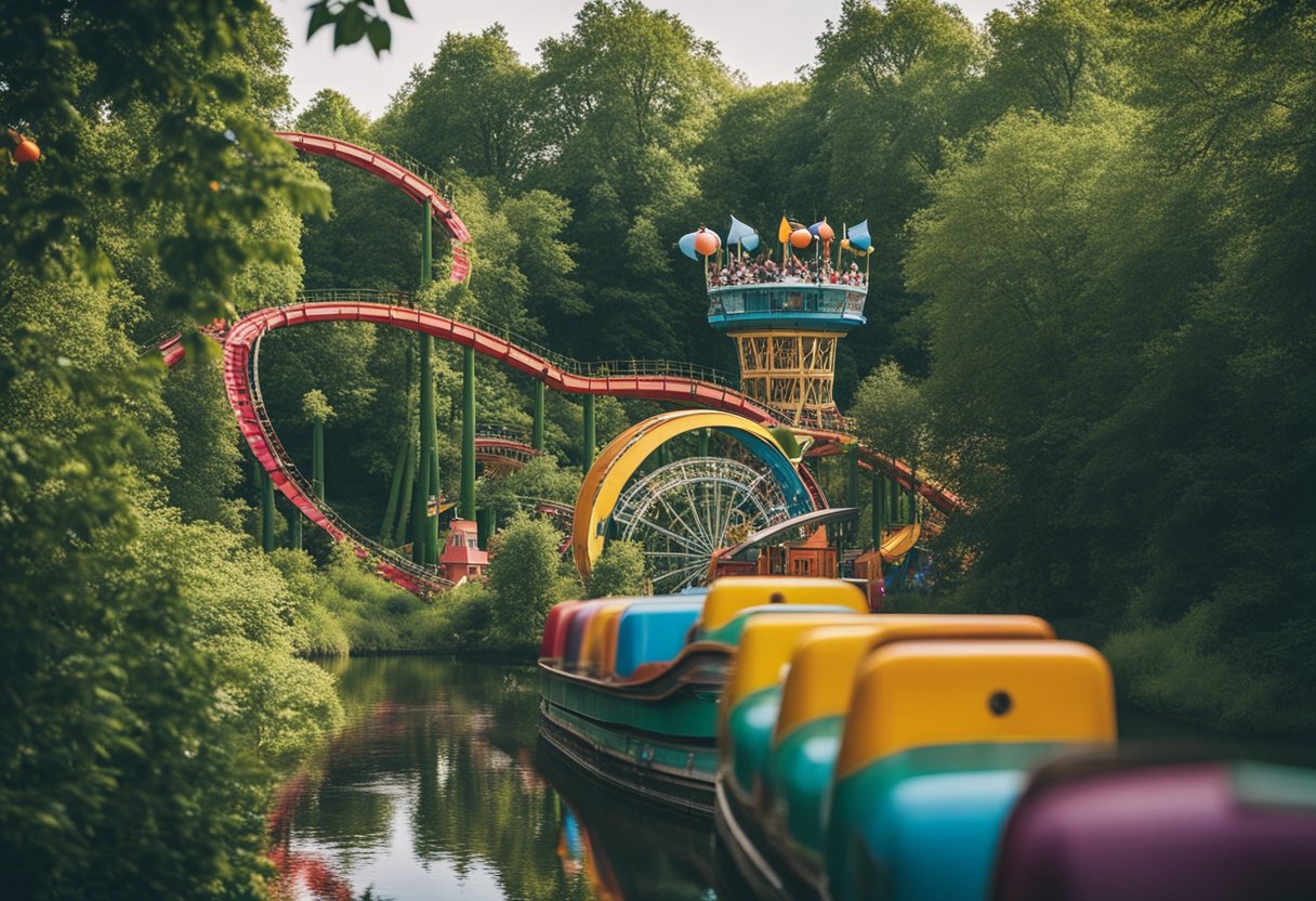 The Spreepark Today amusement park in Berlin, Germany features colorful rides and attractions surrounded by lush greenery and a serene river flowing nearby