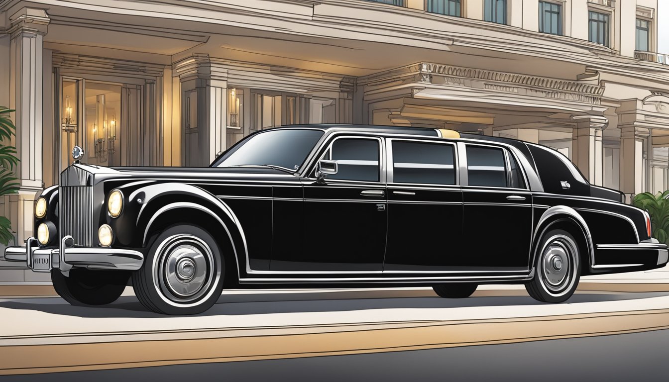 A sleek black limousine pulls up to a grand hotel entrance, with the logo of OCBC Voyage prominently displayed on the side