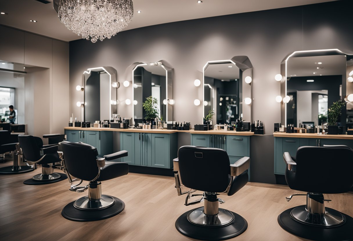 A bustling hair salon in Berlin, with modern decor and stylish equipment, filled with customers and hairdressers working diligently