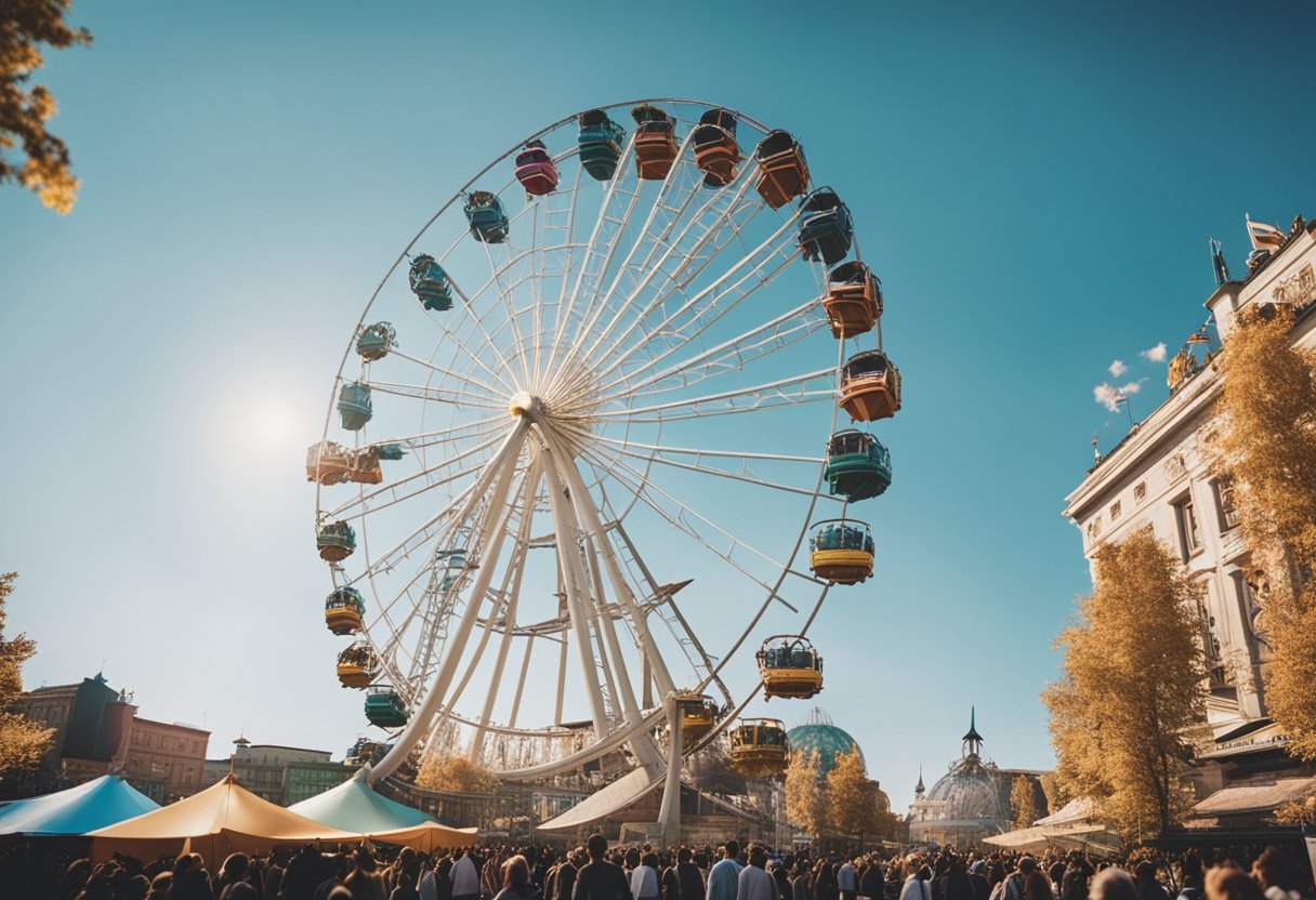 Bunte Achterbahnen und ein Riesenrad stehen vor einem strahlend blauen Himmel, umgeben von geschäftigen Menschenmassen und ikonischer Architektur im Berliner Vergnügungspark