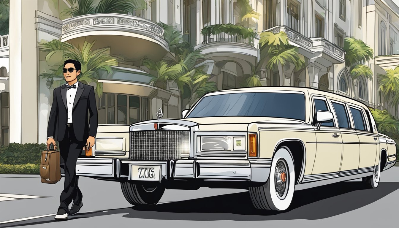 A luxurious limousine pulls up to a grand hotel entrance in Singapore, with the OCBC Voyage logo prominently displayed. The driver stands ready to assist passengers as they embark on their journey